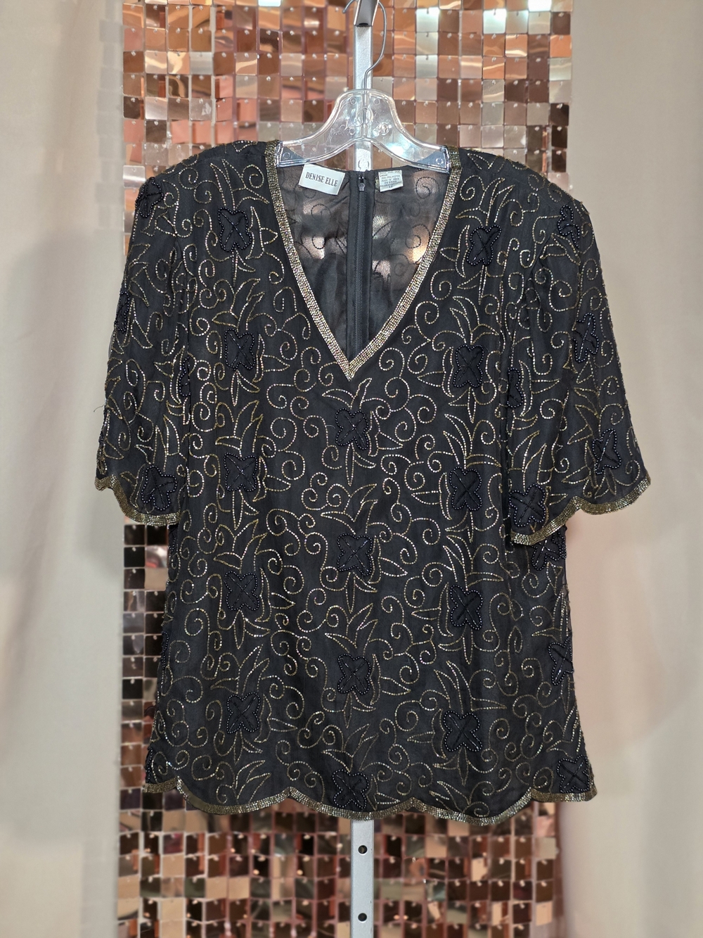 Vtg Denise Elle 100% Silk Beaded Evening Black & Gold Embellished V-Neck Top 1X